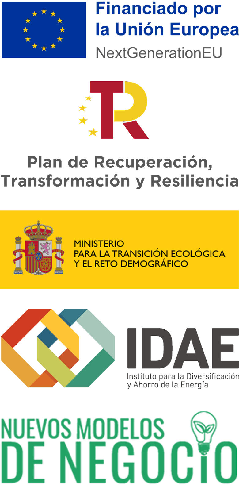 Financiado por la Unión Europea NextGenerationEU, Plan de Recuperación Transformación y Resiliencia, Ministerio para la Transición Ecológica y el Reto Demográfico, IDAE, Nuevos Modelos de Negocio