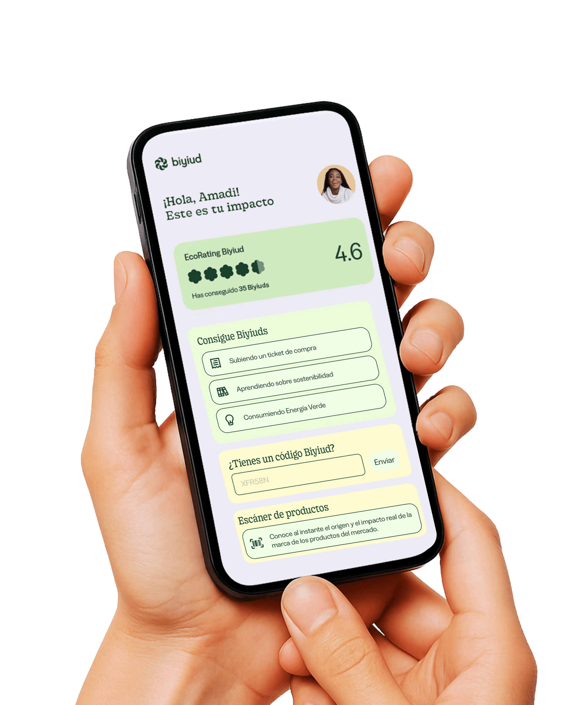 Manos sosteniendo un teléfono con la app de Biyiud